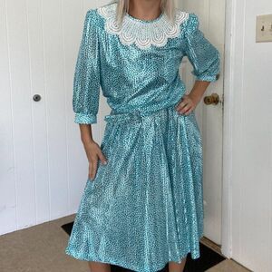 Vintage T F Belted Crochet Collar Midi Dress 14P